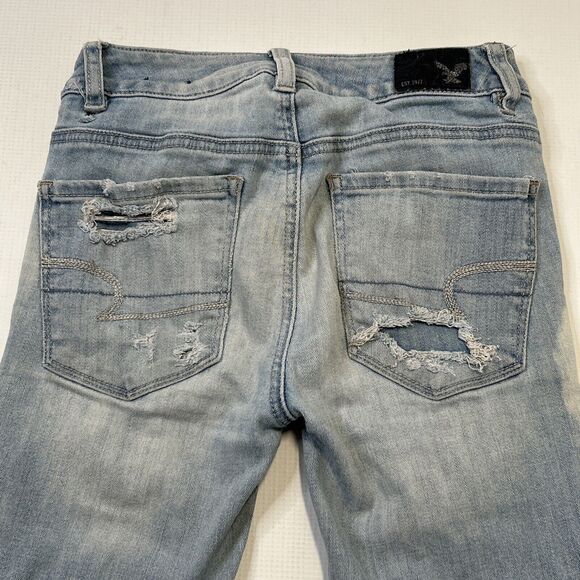 American Eagle 00 Hi Rise Jegging 360 Super Stretch Destroyed Denim Jeans 23x28 - Picture 14 of 16